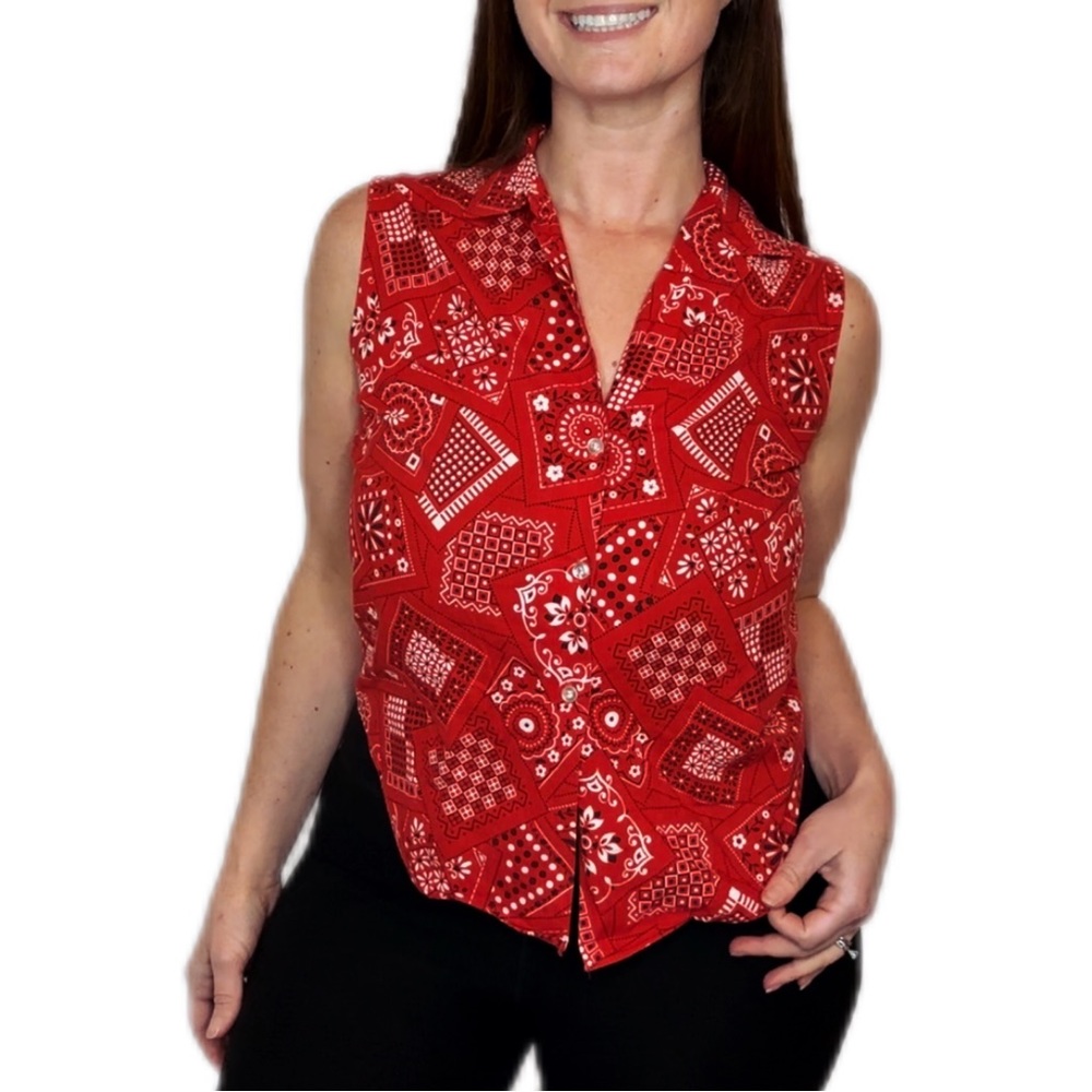 VINTAGE 50s Rockabilly Bandana Pattern Red White Black Retro Mod Western Tanktop - Picture 7 of 7